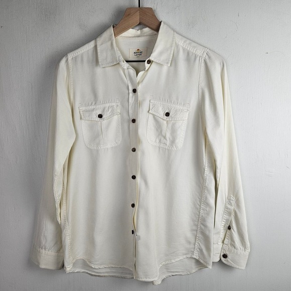 Marine Layer Cheyenne Tencel Relaxed Utility Shirt S Soft White Long Sleeve - Picture 3 of 9